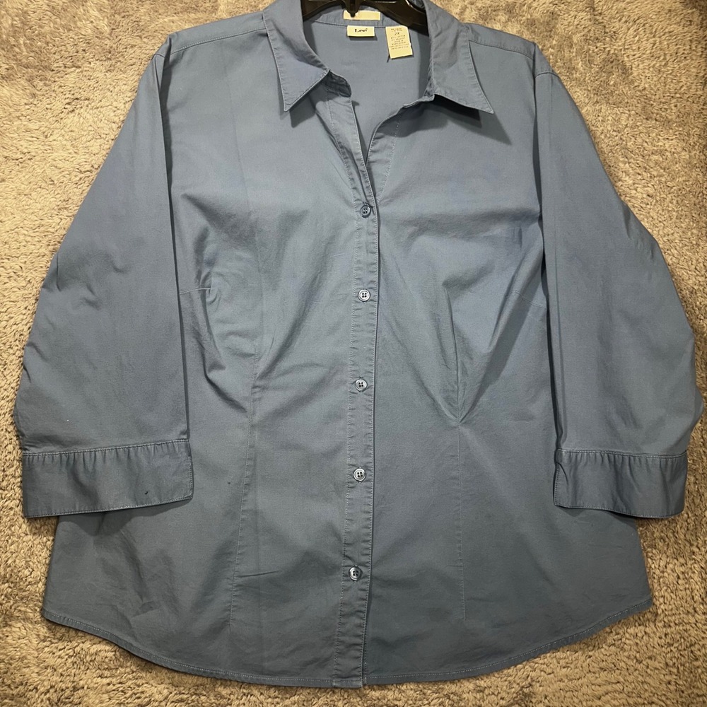 Lee Button Down Shirt Womens 2X Blue 3/4 Sleeve Stretch Cotton Business Casual‎